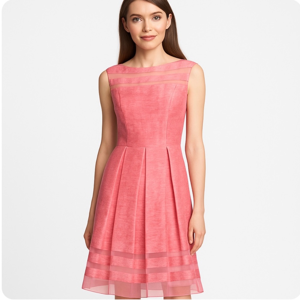 Elie Tahari Daisy Dress Pink Linen Blend Sheer Stripe Fit Flare Size 10 NWT